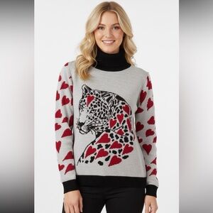 The Tellier Love Jaguar Leopard Heart Turtleneck Sweater Medium